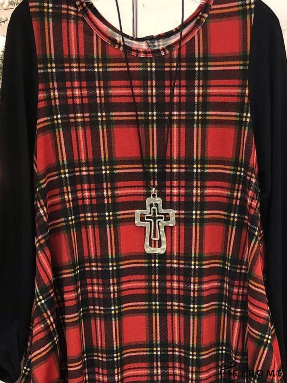 Crew Neck Casual Cotton-Blend Checkered/plaid Knitting Dress | IFYHOME