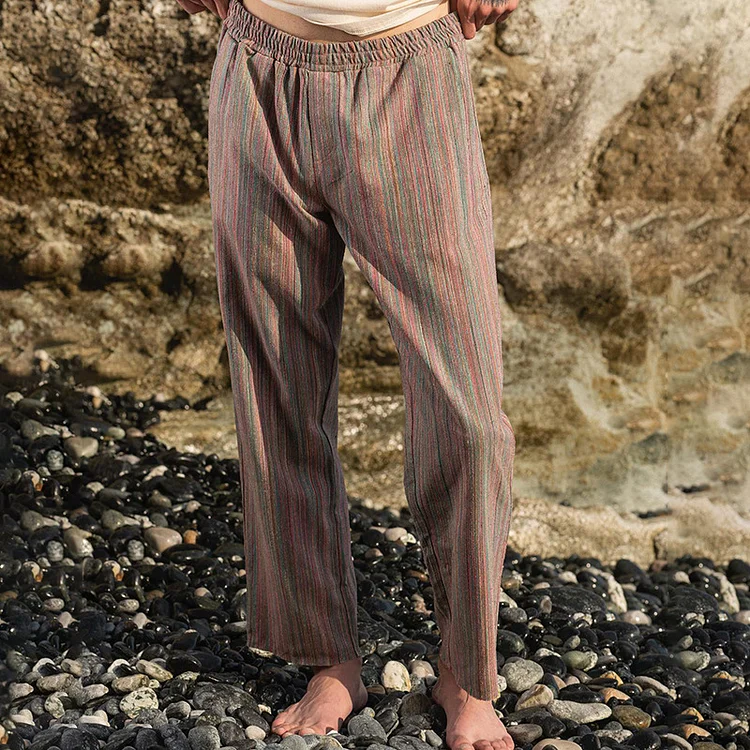 Resort Style Cotton And Linen Colorful Striped Straight Pants