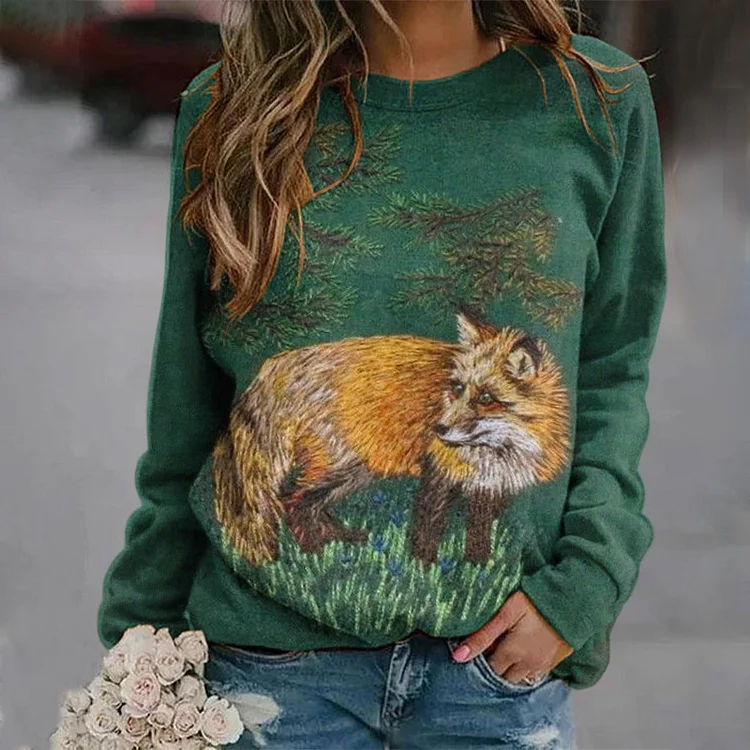 Fox Print Round Neck Long Sleeve Sweatshirt