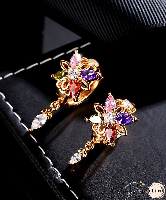 Regular Gold Alloy Crystal Zircon Floral Tassel Drop Earrings