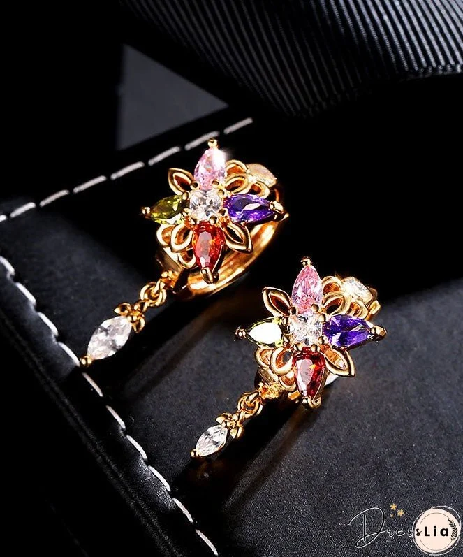 Regular Gold Alloy Crystal Zircon Floral Tassel Drop Earrings