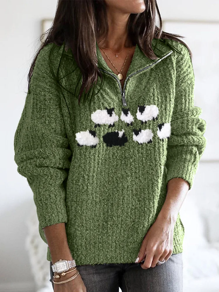 Lovely Fuzzy Sheep Knit Art Cozy Zip Up Sweater