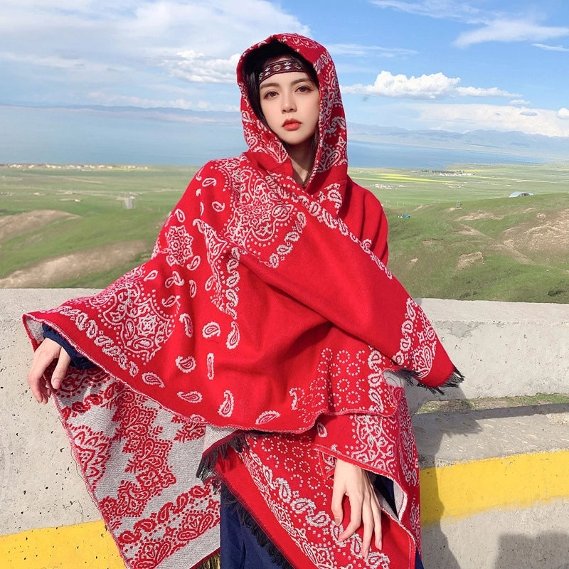 Ethnic Style Hooded Shawl Cloak Lijiang Xinjiang Tibet Northwest Tourism Wear Photograph Warm Outer Cape