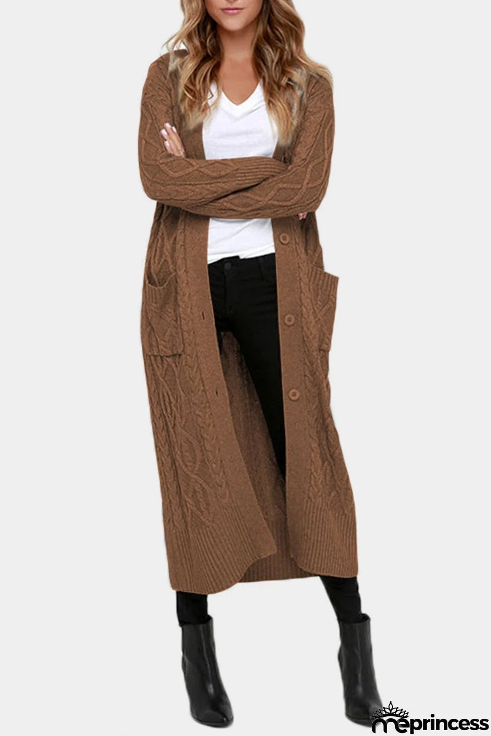 Cable Knit Open Front Long Cardigan