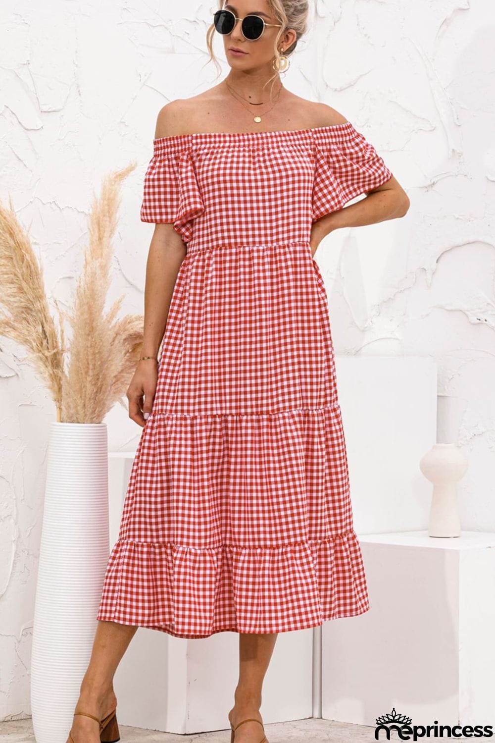 Gingham Off-Shoulder Tiered Midi Dress