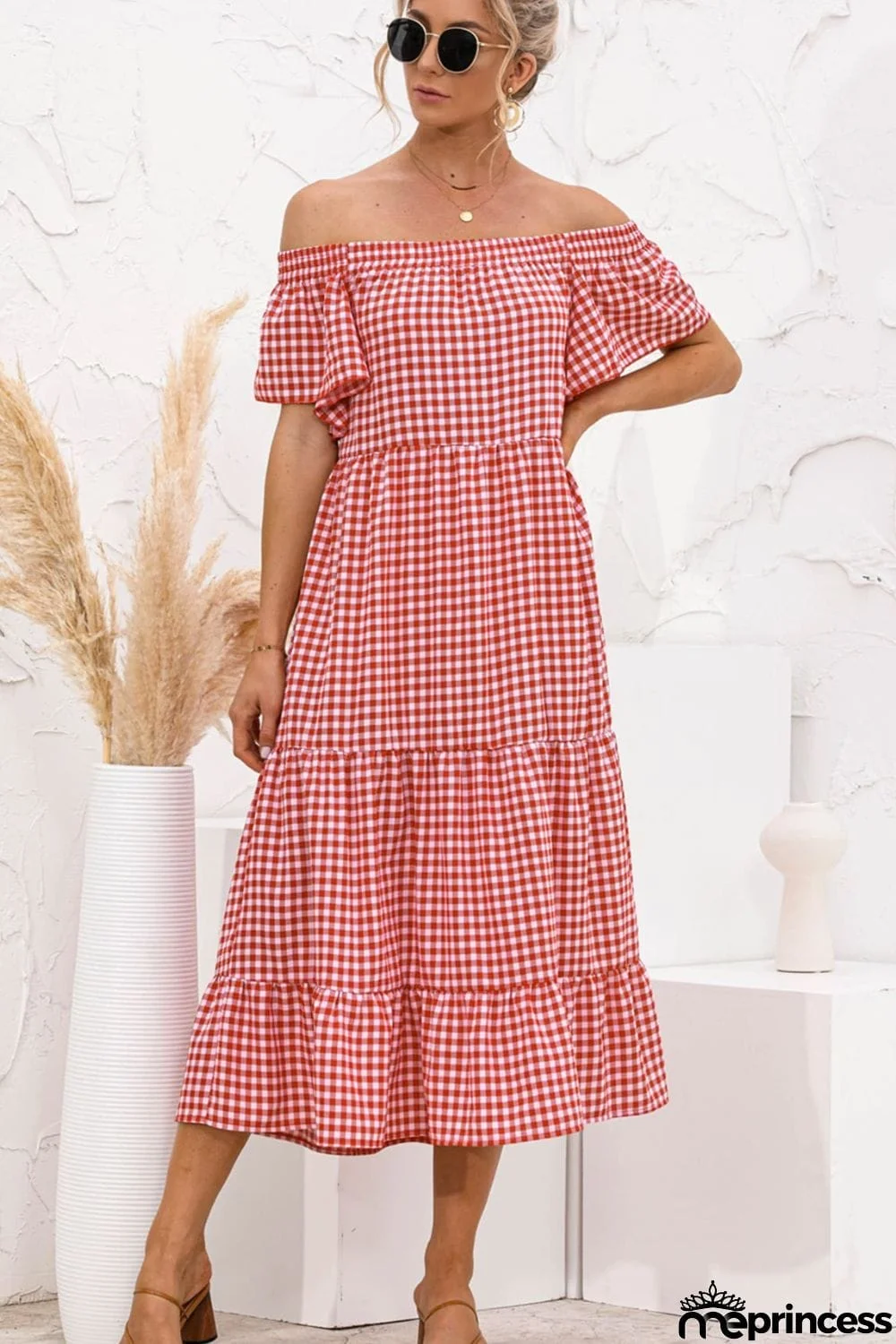 Gingham Off-Shoulder Tiered Midi Dress