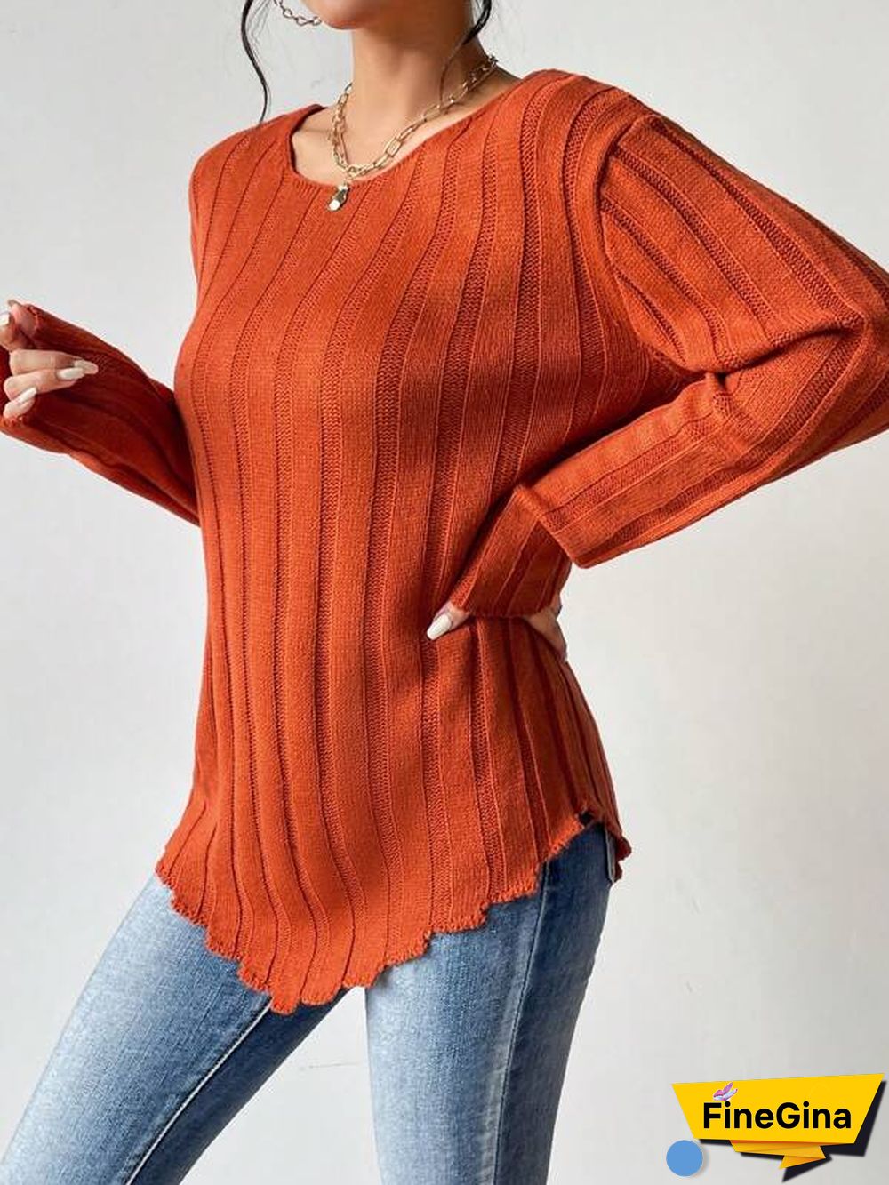 Orange Plain Long Sleeve Sweater