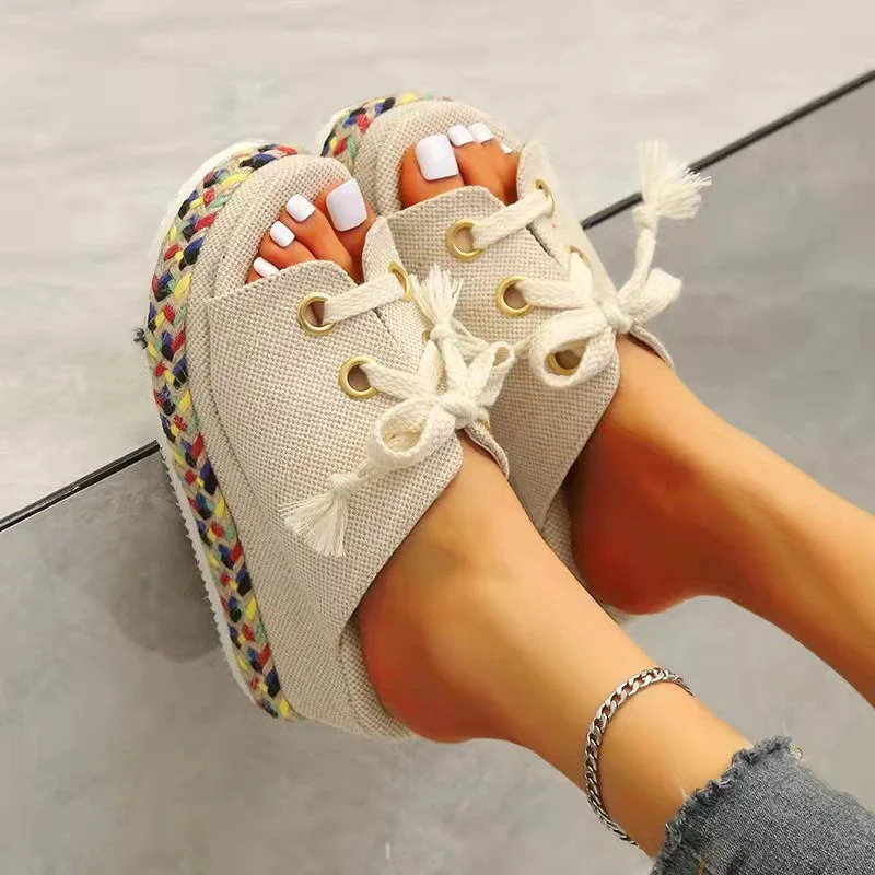 Qengg Women Summer Shoes 2022 Summer Lace Up Height Increase Wedge Slippers Women Plus Size Closed Toe Straw Platform Sandals Woman