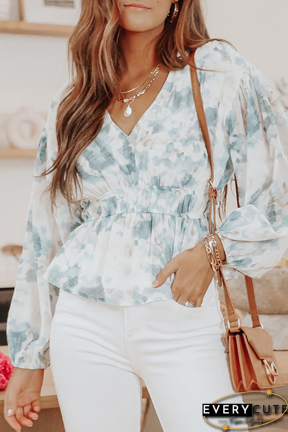 Sky Blue V Neck Tie-dye Peplum Top