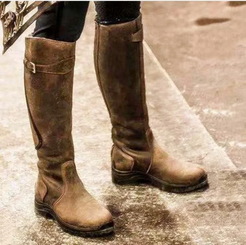 Women Round Toe Zipper Low Heel PU Casual Boots
