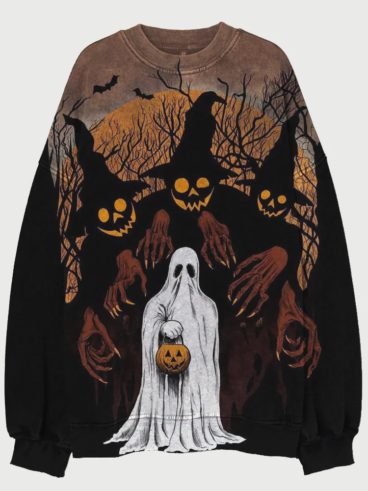 VChics Men's Halloween Pumpkin Witch Ghost Art Washed Sweatshirt