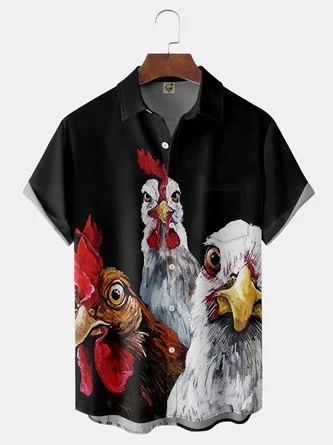 Rooster Chest Pocket Short Sleeve Casual Shirt