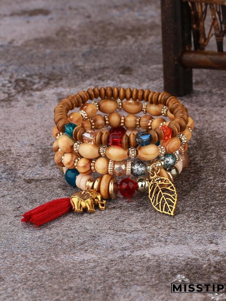 4pcs Leaf & Elephant Charm Beaded Bracelet