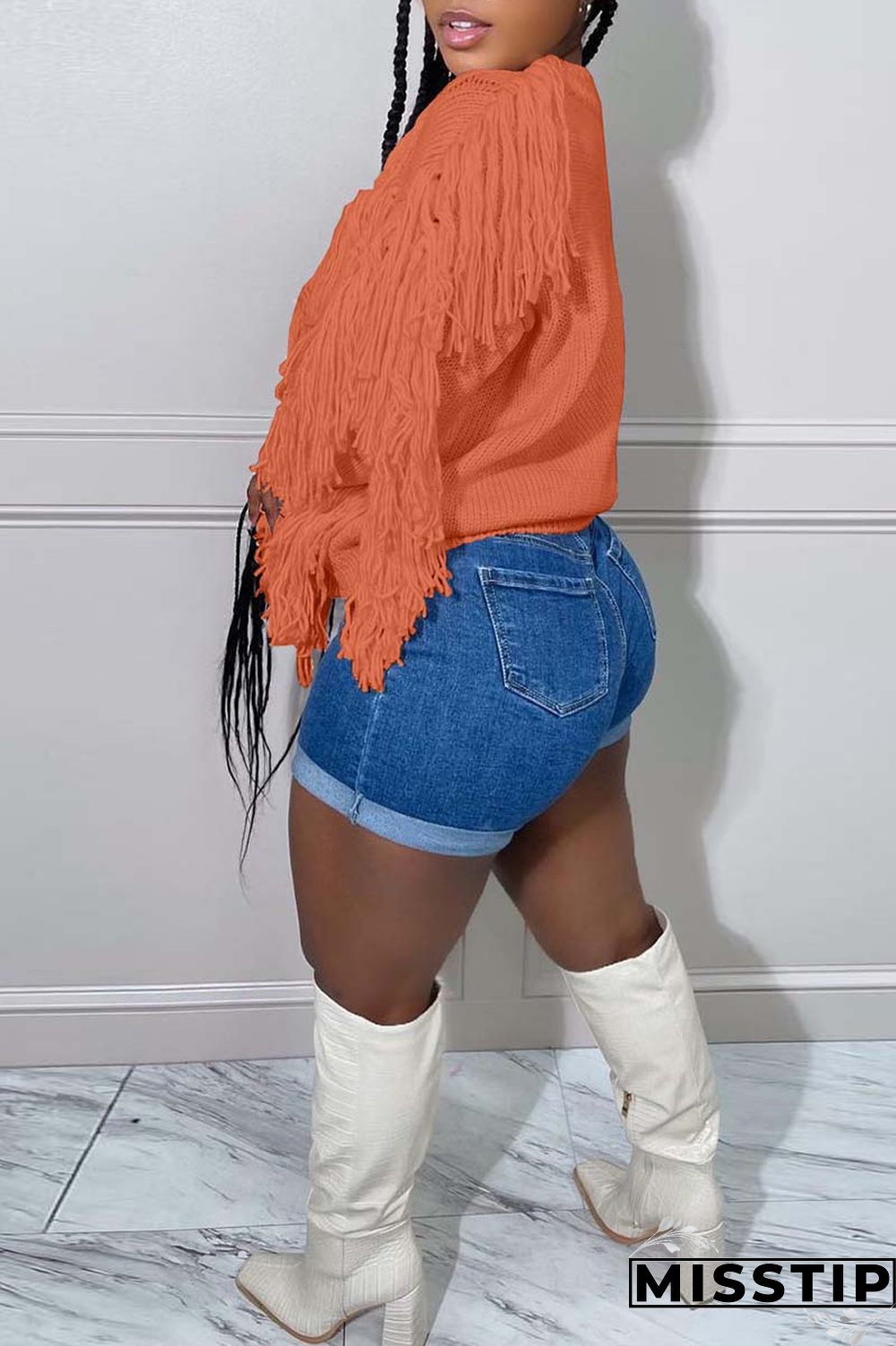 Black Casual Solid Tassel O Neck Tops