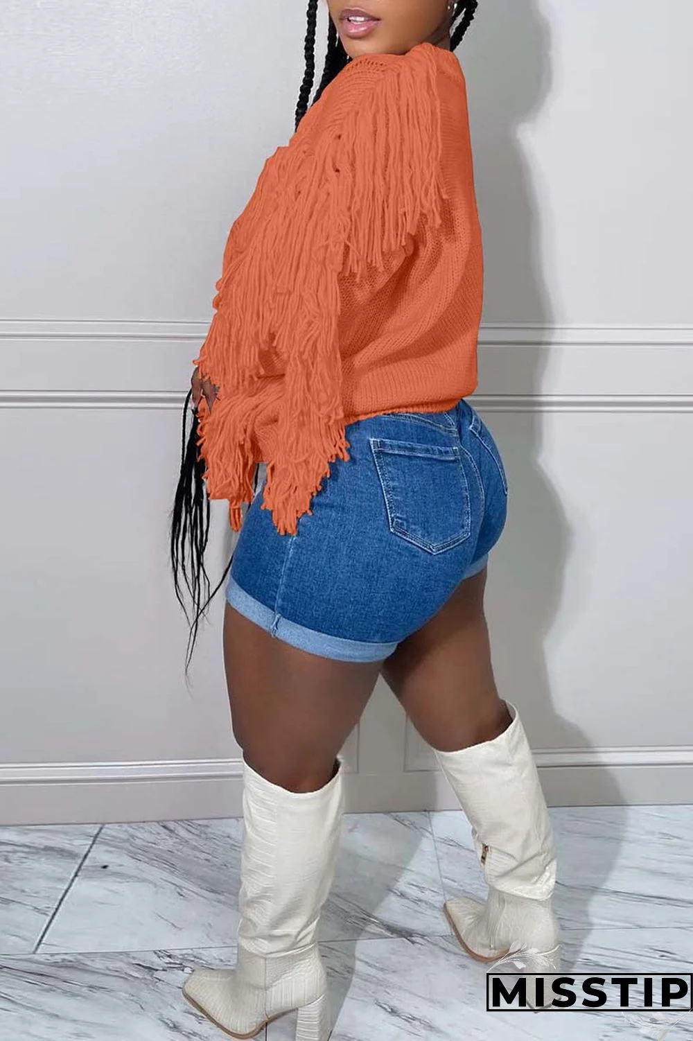 Black Casual Solid Tassel O Neck Tops