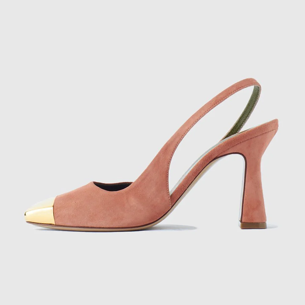 Elegant Vegan Suede Metal Cap Square Toe Slingback Heels in Pink