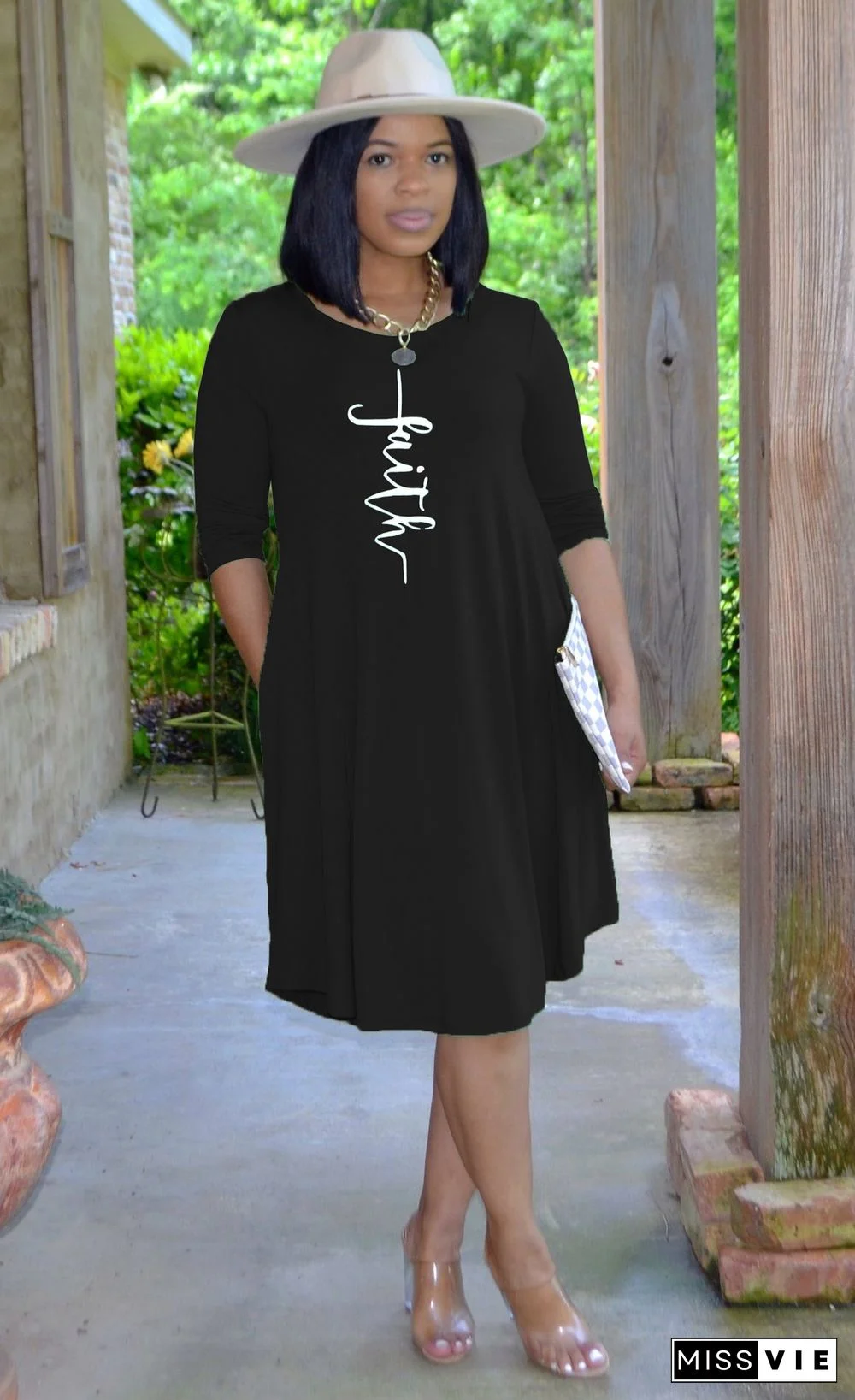 Faith Letter Print 3/4 Sleeve Knee Length Dresses