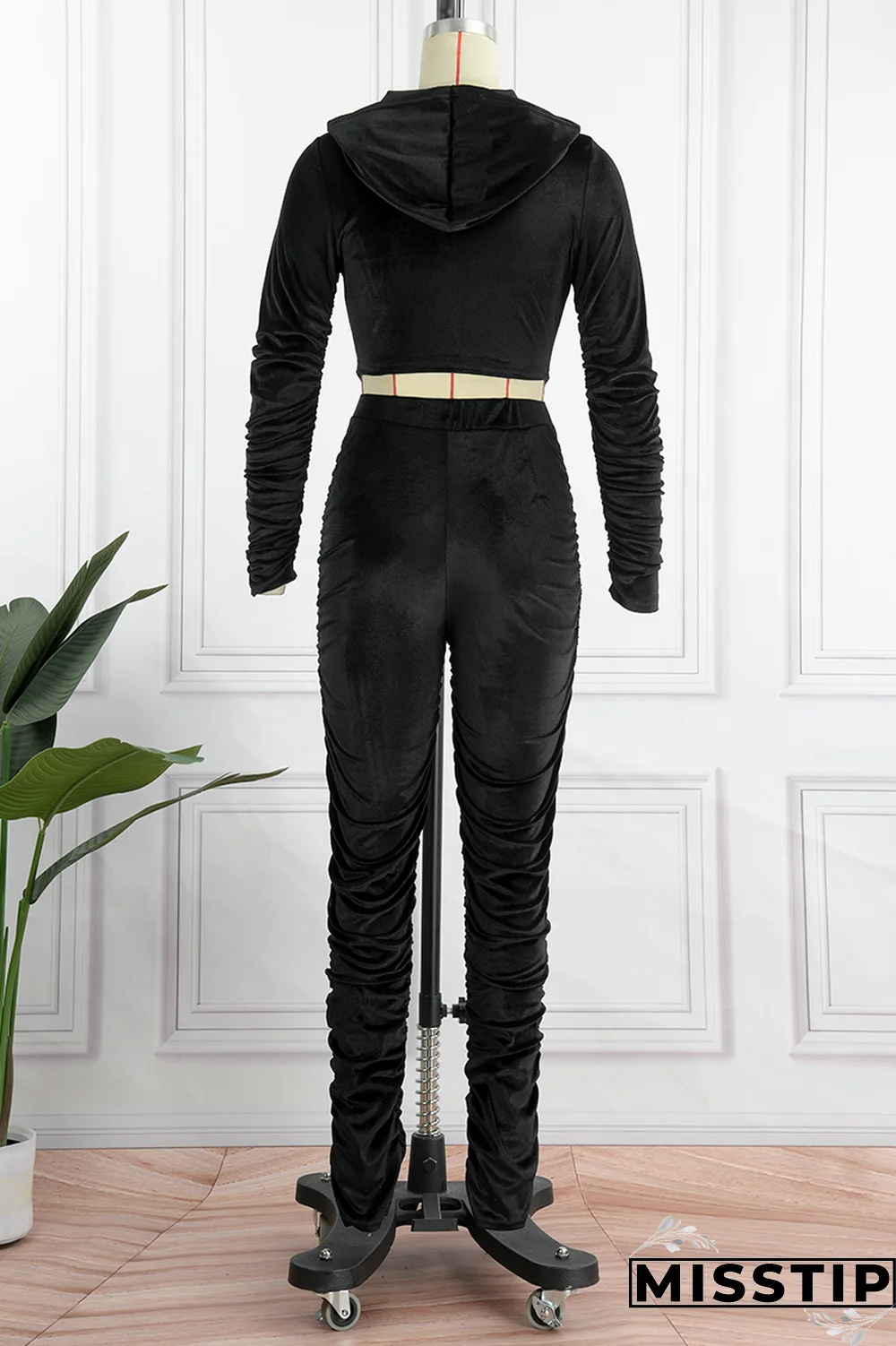 Black Street Solid Fold Hooded Collar Long Sleeve Two Pieces