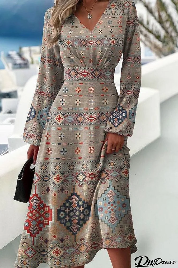 Vintage Elegant Print Patchwork V Neck A Line Dresses