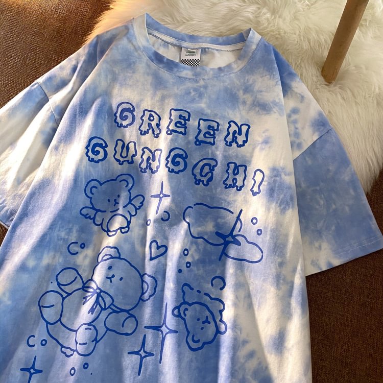 Summer Womens Short Sleeved Vintage Female T-Shirt Harajuku Streetwear Y2K Top Tie Dye Oversized Tshirts Letter Print Clothes