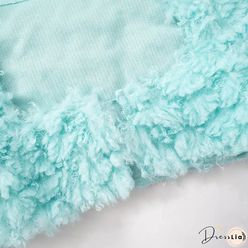 Autumn And Winter Mint Green Long Sleeve Fur Coat Short Skirt Two Piece Set