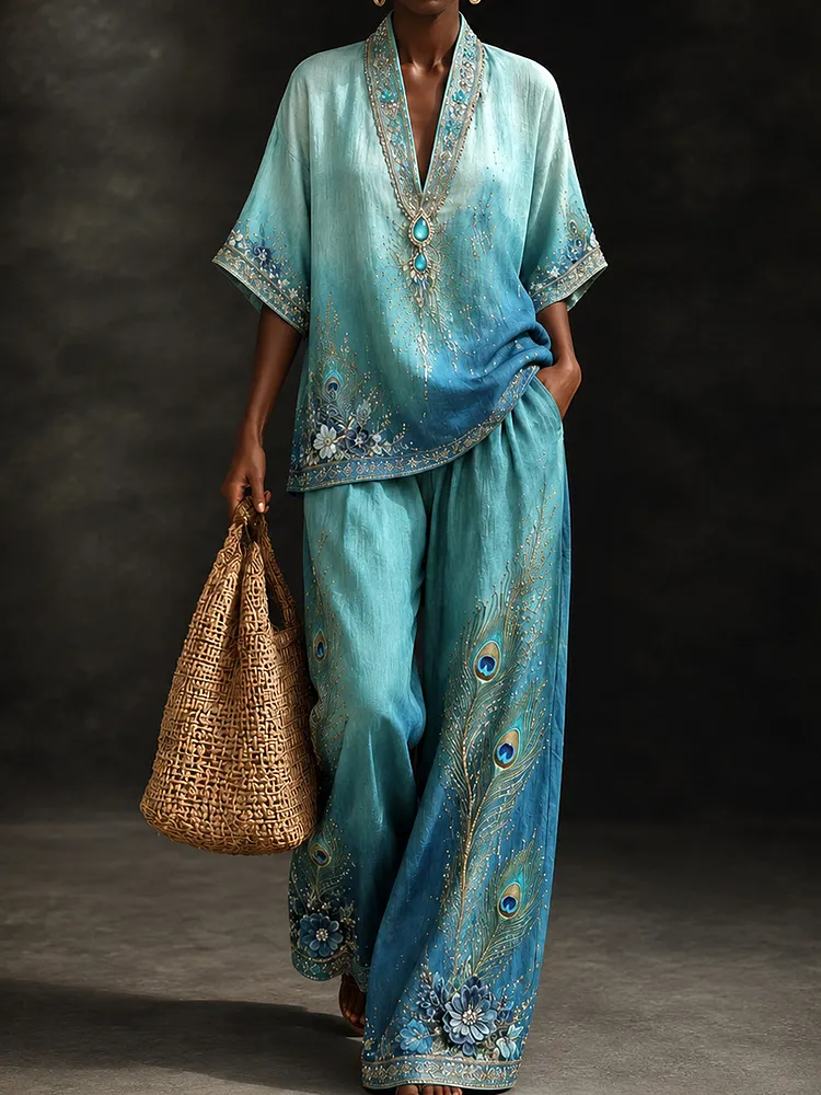 Women's Peacock Feather Print 2-Piece Lounge Set &ndash; Boho V-Neck Tunic Top & Wide Leg Pants, Casual Vacation Outfit