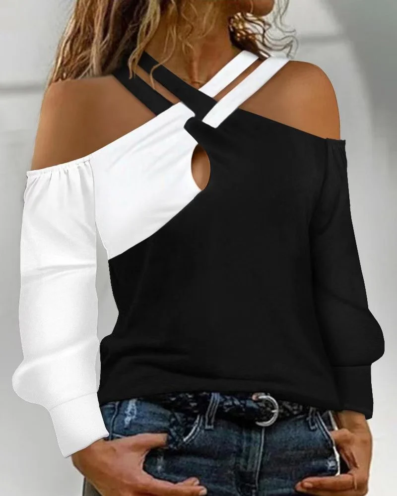 Brownm Brownm New Women's Casual Temperament Design Sense Of Color Open Shoulder Hanging Neck Long Sleeve Jacket