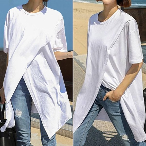 VONDA Summer Women's Cotton White Tee Casual Hi-low Tops Loose O Neck Short Sleeve Basic Shirts - Shop Trendy Women's Fashion | TeeYours