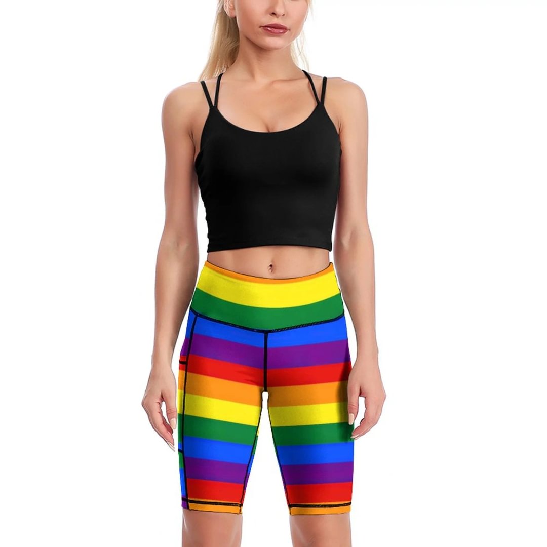Colorful Rainbow Striped Knee-Length Yoga Shorts Women Biker Shorts Leggings Walking Exercise Workout Yoga With Pocket