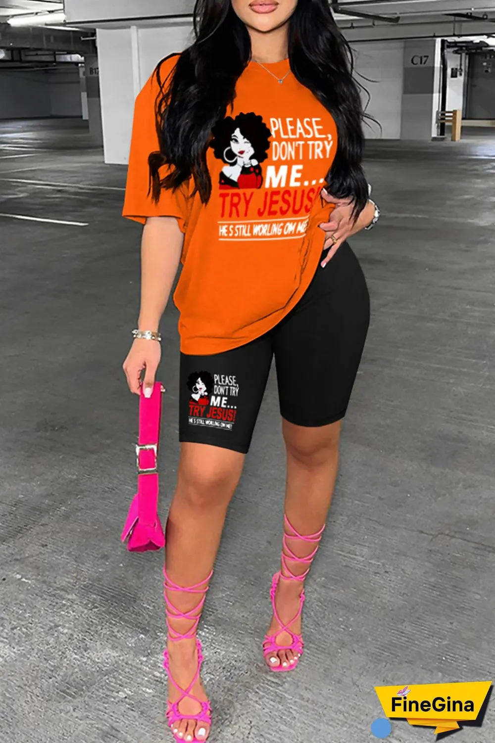 Pink Casual Print Basic O Neck Short Sleeve Two Pieces