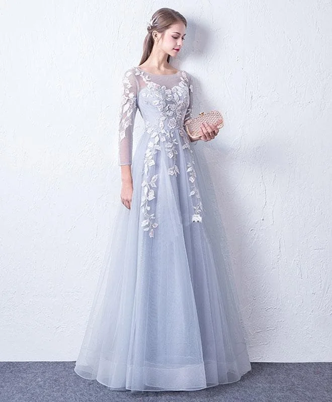 Gray Blue Cute Round Neck Lace Applique Tulle Long Prom Dress, Evneing Dress