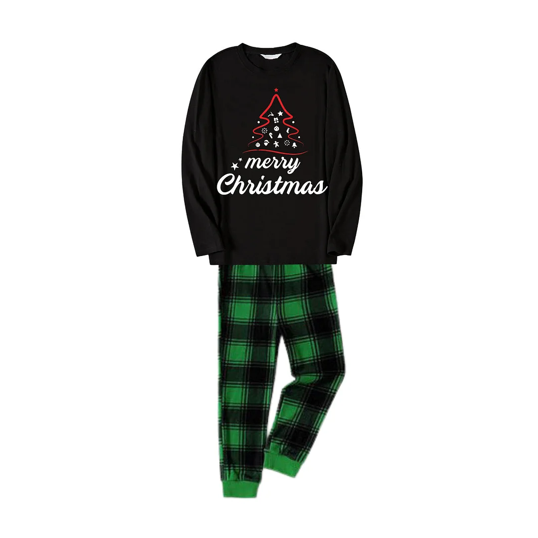 Red Christmas Tree Stick Figure - Black Long Sleeve Top with Black And Green Plaid Pants Family Matching Pajamas