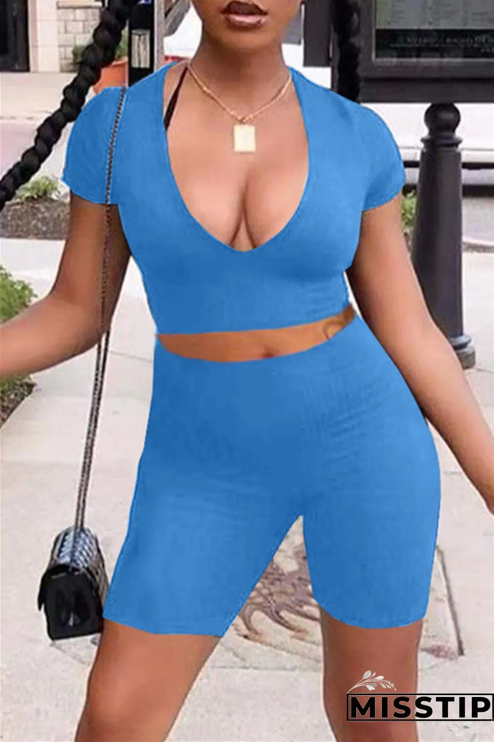 Orange Fashion Casual Solid Basic V Neck Short Sleeve Two Pieces