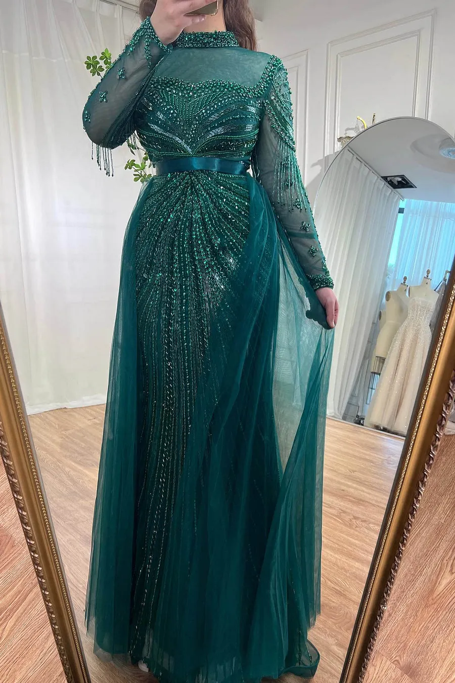 emerald green high neck prom dress Bellasprom Long Sleeves Mermaid With Beadings Overskirt sweater dress
