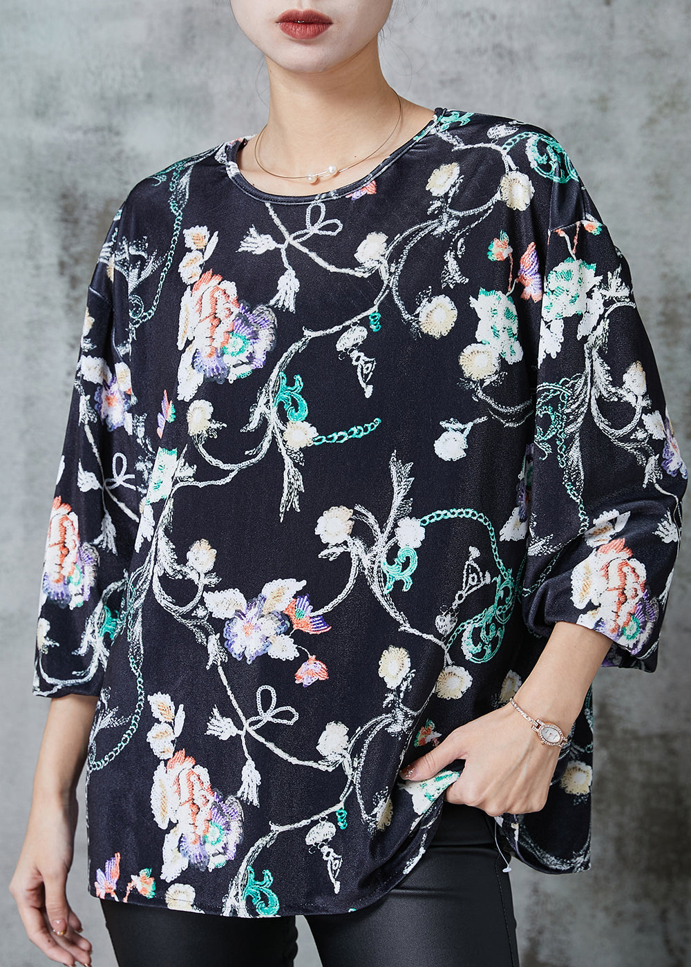 VCSHOES Loose Black Oversized Print Silk Velvet Loose Sweatshirts Top Spring