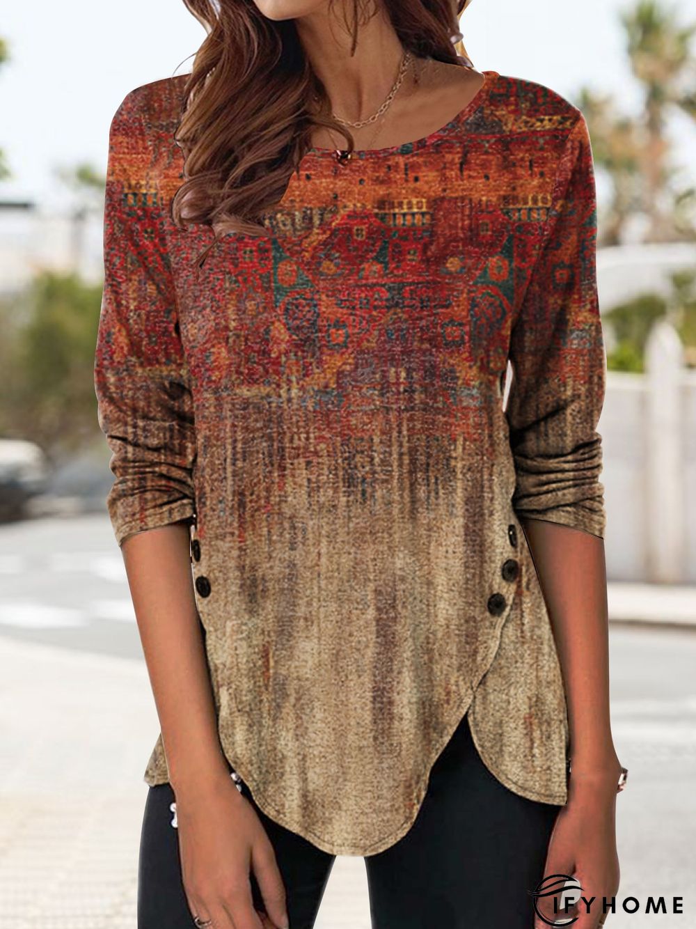 Casual Ethnic Autumn Daily Long sleeve Crew Neck H-Line Regular Medium Elasticity Top | IFYHOME