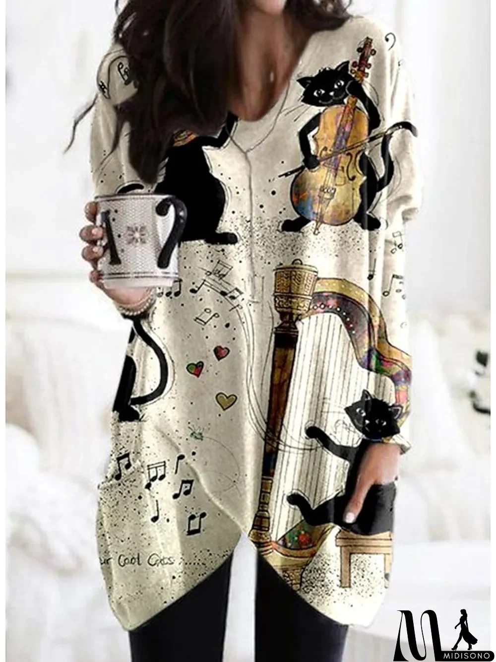 MidiSono - Women's Shift Dress Mini Dress White Long Sleeve Cat Pocket Spring Fall V Neck Casual Winter Dress Fall Dress M L XL XXL 3XL