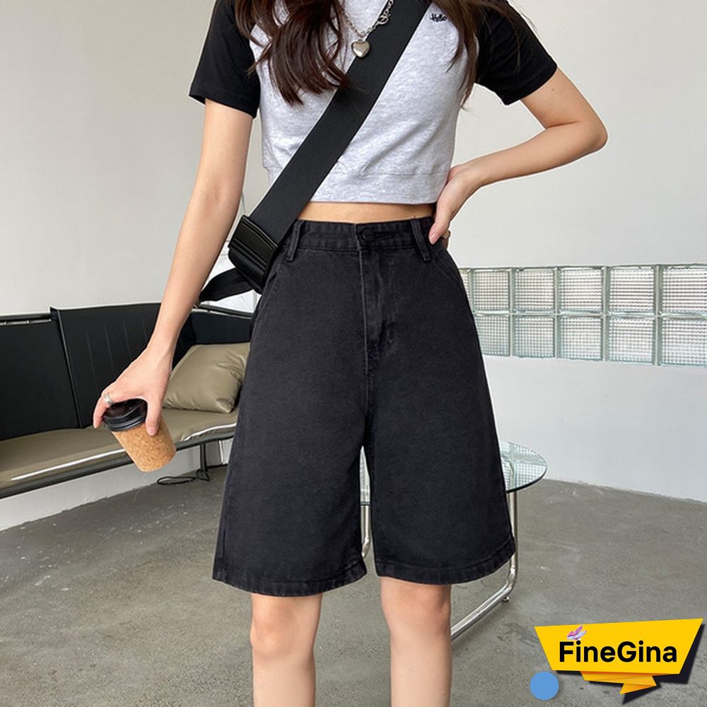New Summer Women High Waist Wide Leg Black Denim Shorts Casual Female Loose Straight Button Jeans Bermuda Shorts