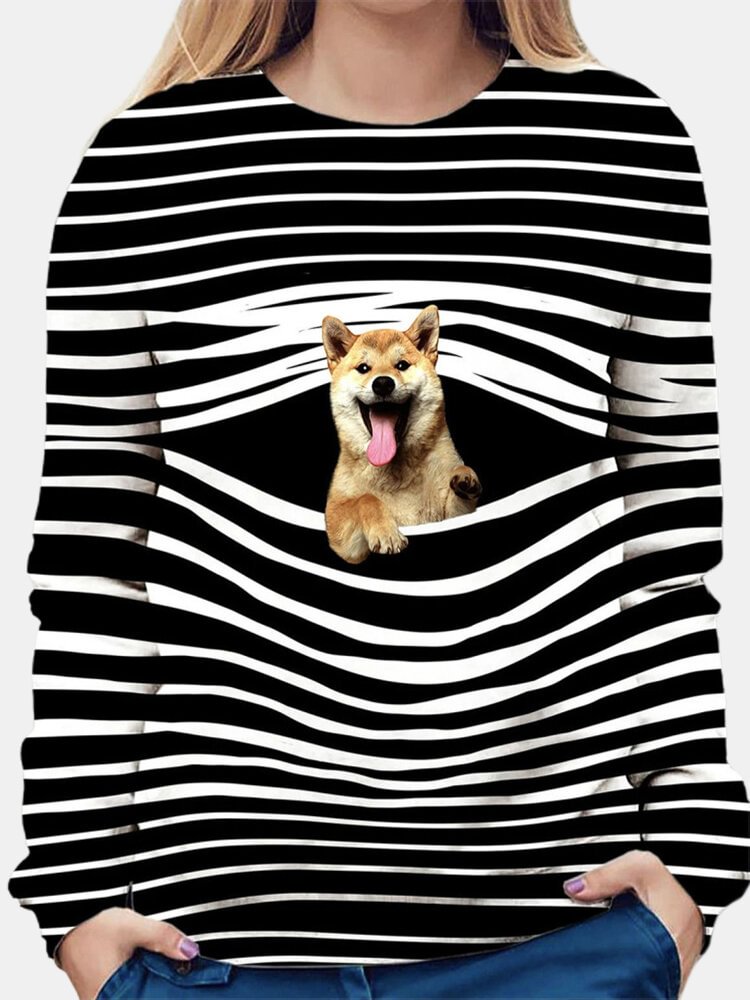 Stripe Dog Print O neck Long Sleeve Casual T shirt For Women P1772848