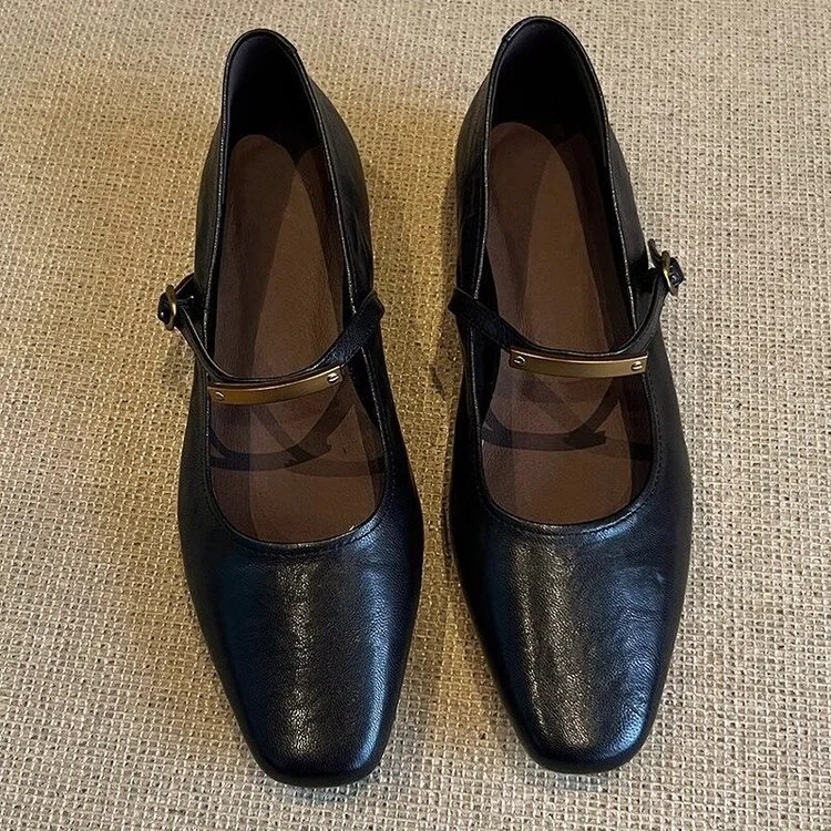 Yyvonne And Autumn 2025 New French Head Mary Treasure Shoes Metal Buckle Solid Flat Leather Shoes Single Shoes Single Shoes
