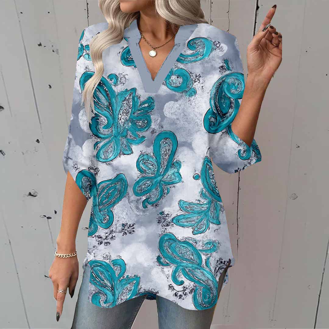 Women Floral, Green DZGA0062 3/4 Sleeve V-neck Printed Graphic Button Tops