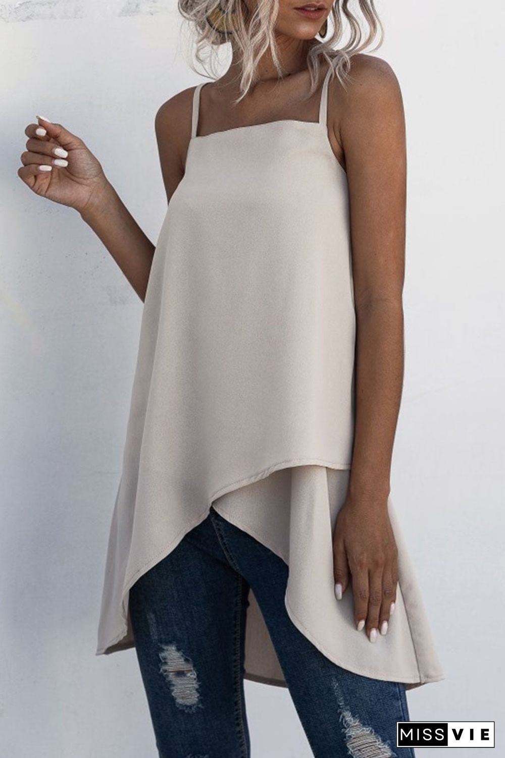Fashion Casual Solid Split Joint Asymmetrical Spaghetti Strap Tops