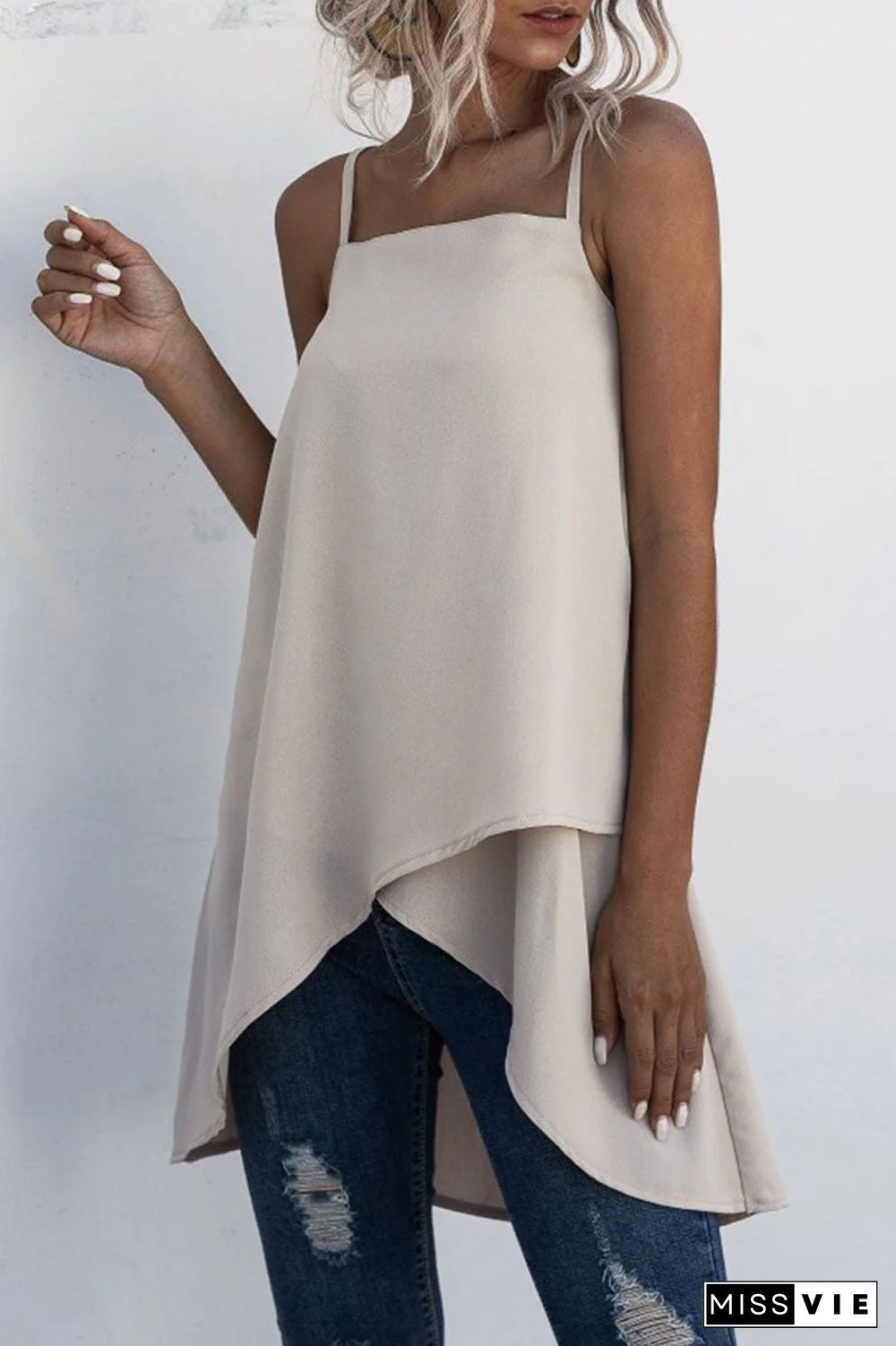 Fashion Casual Solid Split Joint Asymmetrical Spaghetti Strap Tops