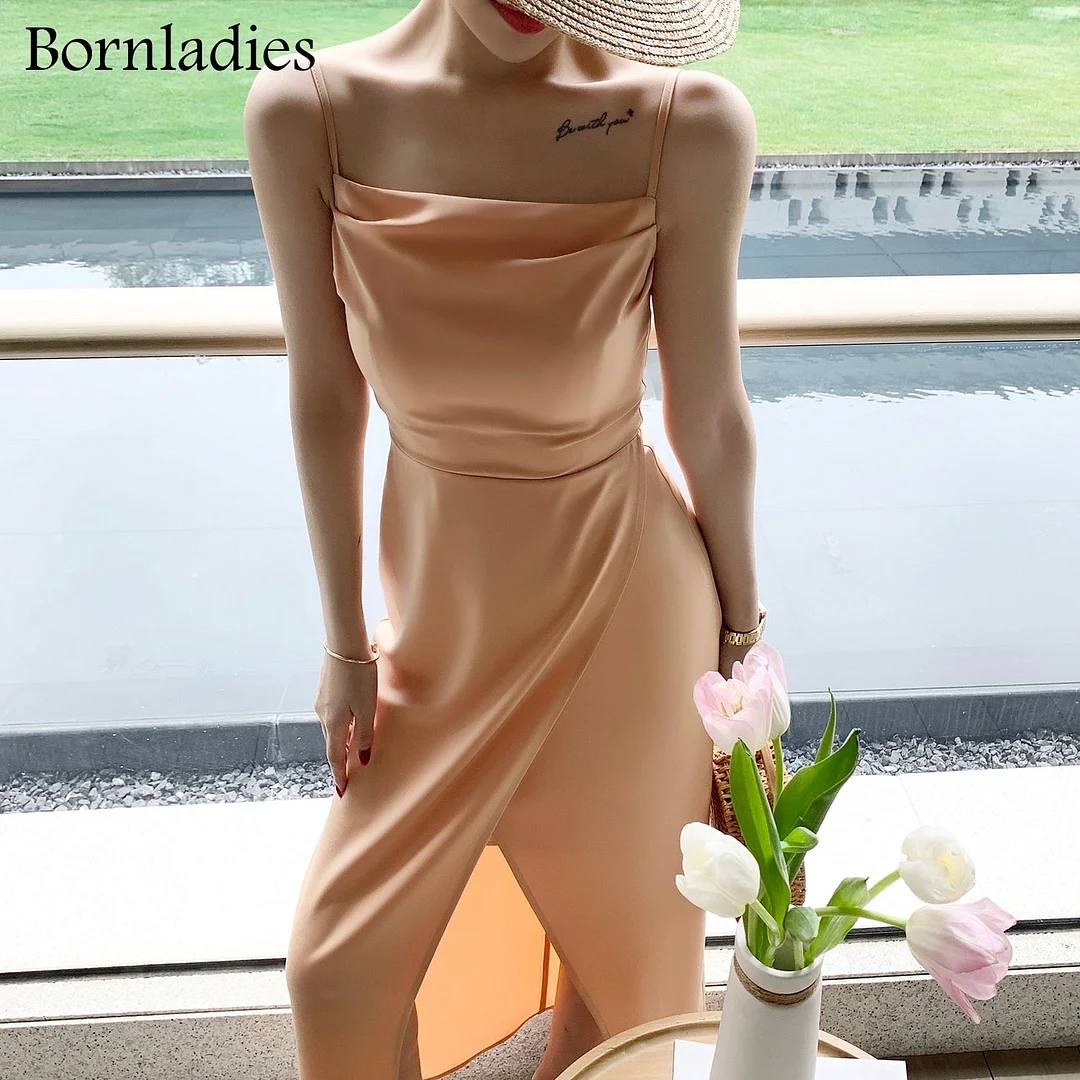 Bornladies Women 2021 Elegant Slash Neck Sleeveless Solid Dress Office Ladies Summer Strap Lace-up Slim Waist Spit Party Vestido