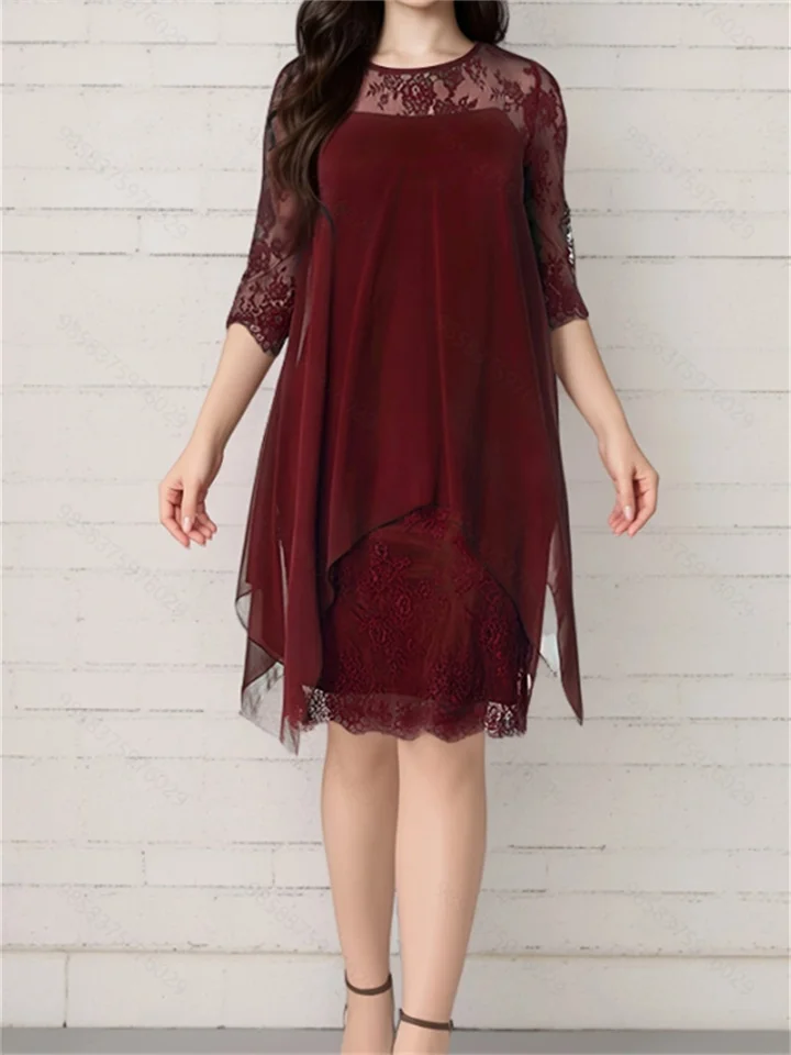 Summer New Lace Splicing Seven-minute Sleeves in The Long Section Chiffon Dresses-JRSEE