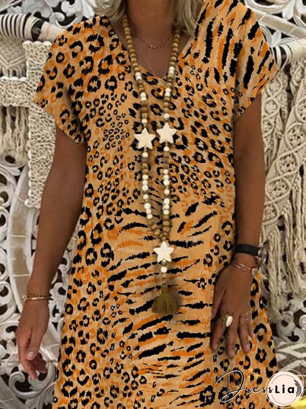 Leopard Short Sleeve Printed Polyester V neck Vintage Summer Orange Dress