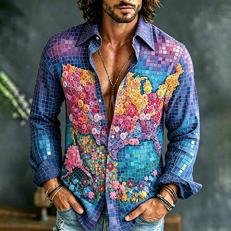  Men's Retro American Map Rose Geometric Pattern Casual Shirt Westsshops