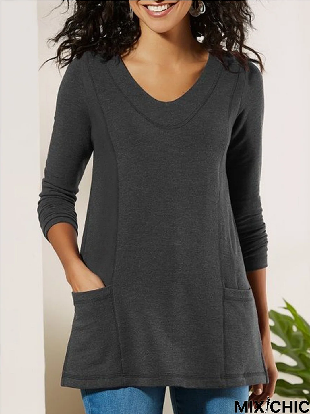 Casual Solid Pocket V neck Loosen Long Sleeve Top