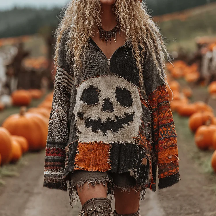Halloween Face With Striped Art Cozy Knit Zipped Sweater