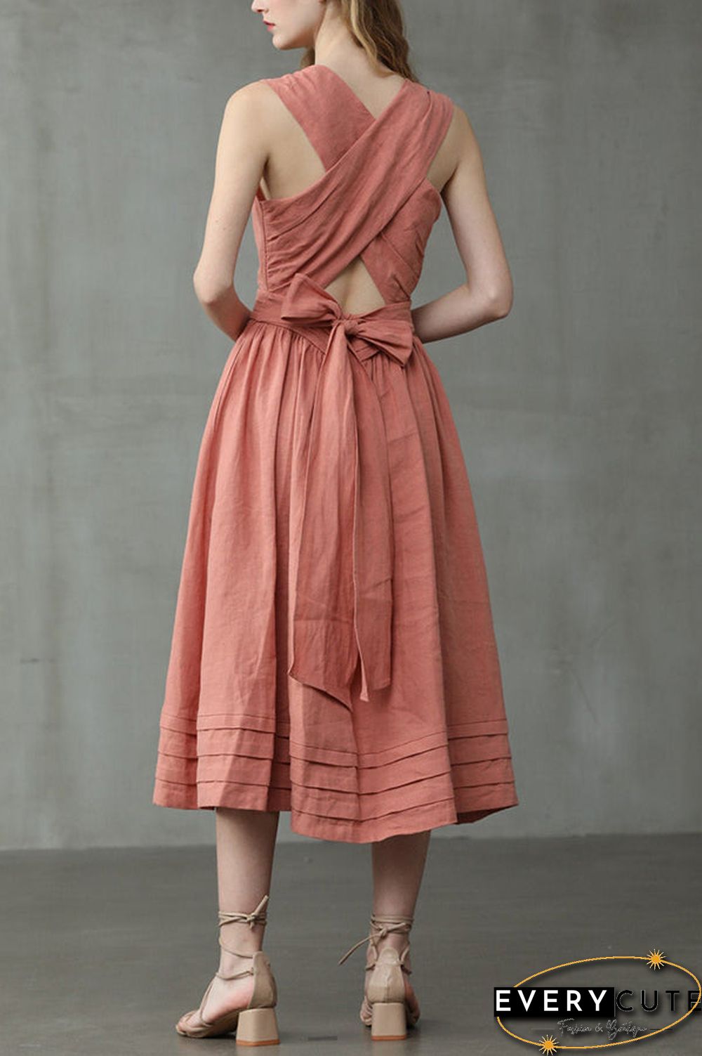 Cross Back O Neck Maxi Linen Dress